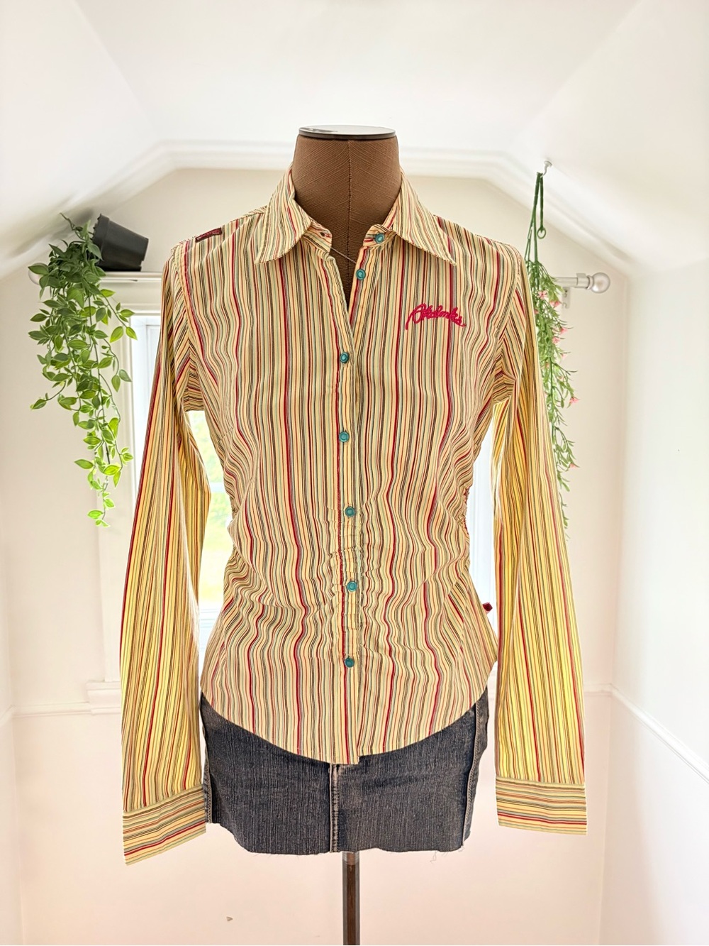Yellow Striped Button-Up Shirt with Turquoise Buttons - akdmks